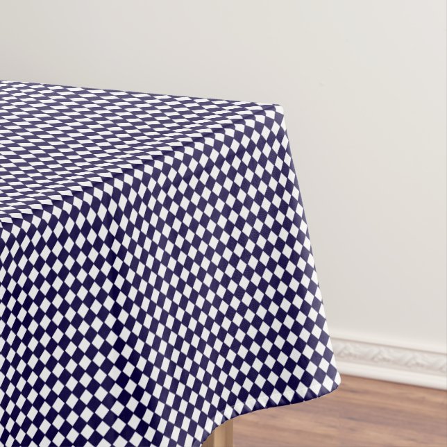 Navy Blue White Chequered Check Pattern Modern Tablecloth (In Situ)