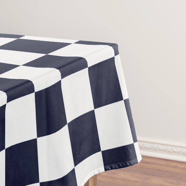 Navy Blue White Chequered Pattern Dining Table Tablecloth (In Situ)