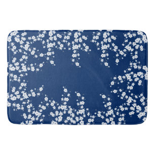 Navy Blue White Cherry Blossom  Bath Mat