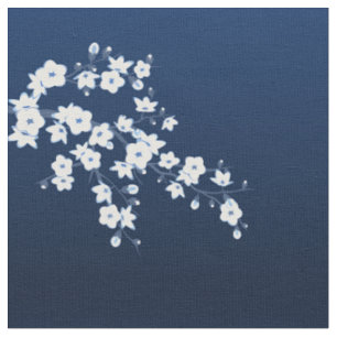 Navy Blue White Cherry Blossom Pattern Fabric