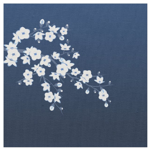 Navy Blue White Cherry Blossom Pattern Fabric (Close Up)