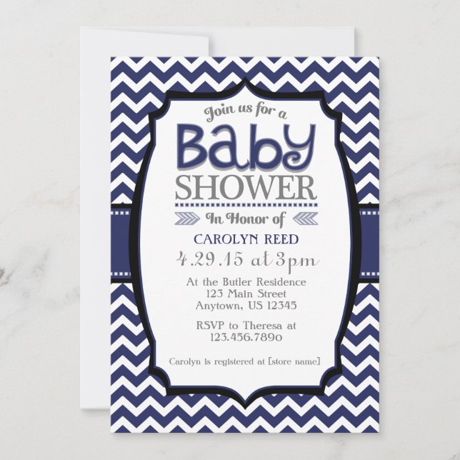 Navy Blue White Chevron Baby Shower Invitation (Front)
