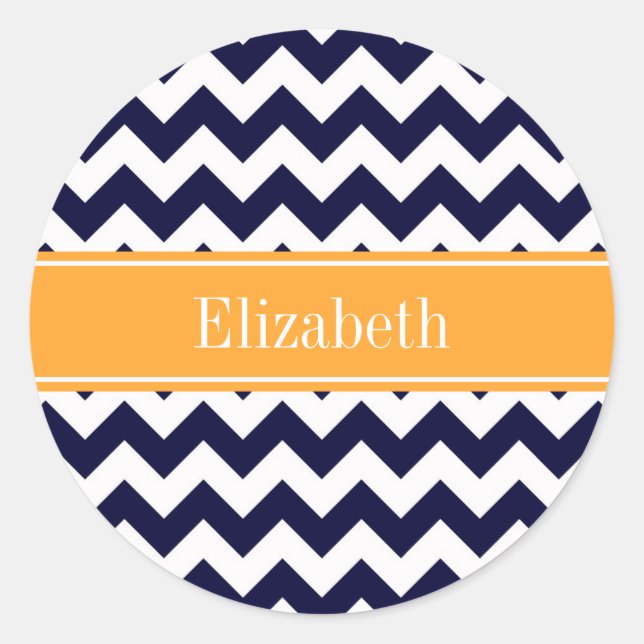 Navy Blue White Chevron Cantaloupe Name Monogram Classic Round Sticker (Front)