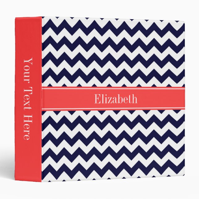 Navy Blue White Chevron Coral Red Name Monogram Binder (Front/Spine)