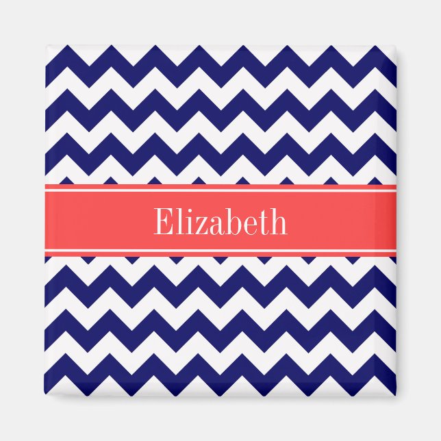 Navy Blue White Chevron Coral Red Name Monogram Magnet (Front)