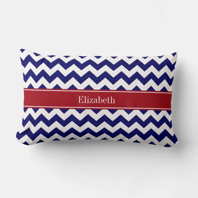 Navy Blue White Chevron Cranberry Name Monogram Lumbar Pillow (Front)