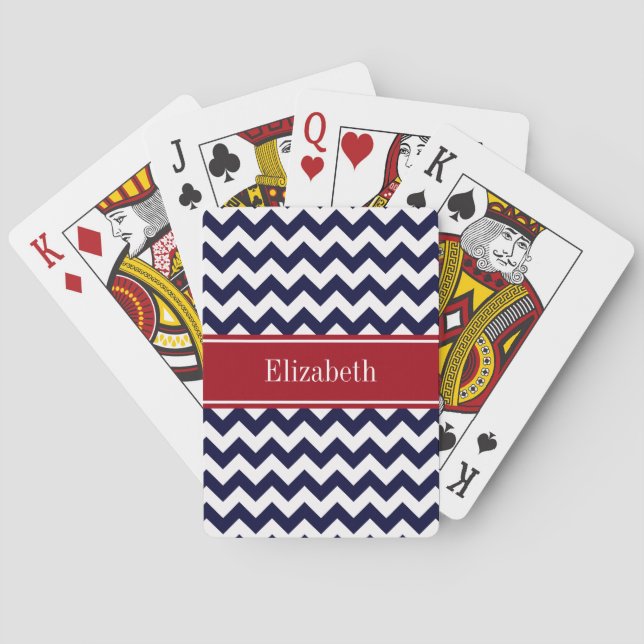 Navy Blue White Chevron Cranberry Name Monogram Playing Cards (Back)