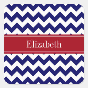 Navy Blue White Chevron Cranberry Name Monogram Square Sticker
