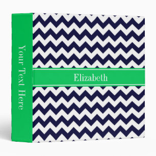 Navy Blue White Chevron Emerald Name Monogram Binder
