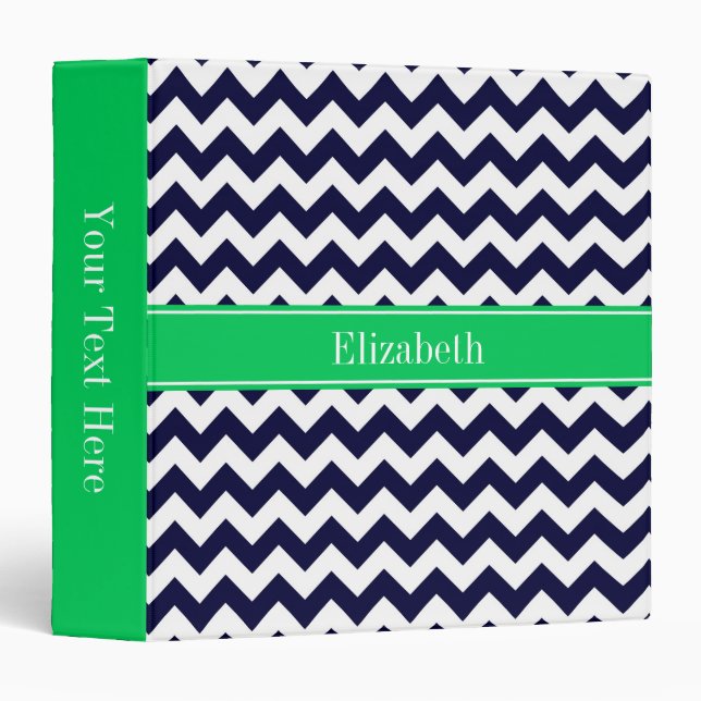 Navy Blue White Chevron Emerald Name Monogram Binder (Front/Spine)
