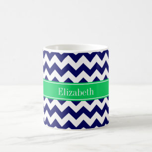 Navy Blue White Chevron Emerald Name Monogram Coffee Mug