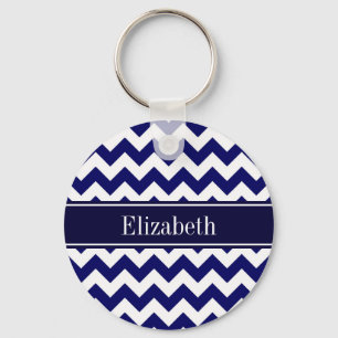 Navy Blue White Chevron Navy Name Monogram Keychain