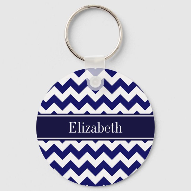 Navy Blue White Chevron Navy Name Monogram Keychain (Front)