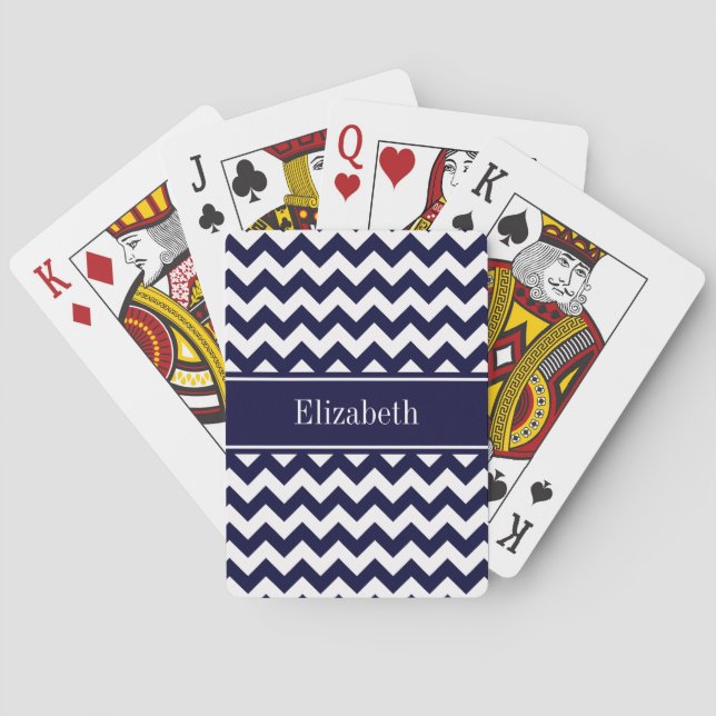 Navy Blue White Chevron Navy Name Monogram Playing Cards (Back)