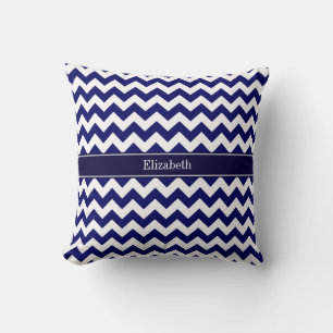 Navy Blue White Chevron Navy Name Monogram Throw Pillow