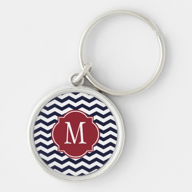 Navy Blue & White Chevron Pattern Keychain (Front)