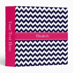 Navy Blue White Chevron Raspberry Name Monogram Binder