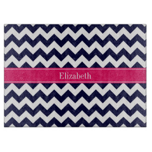 Navy Blue White Chevron Raspberry Name Monogram Cutting Board