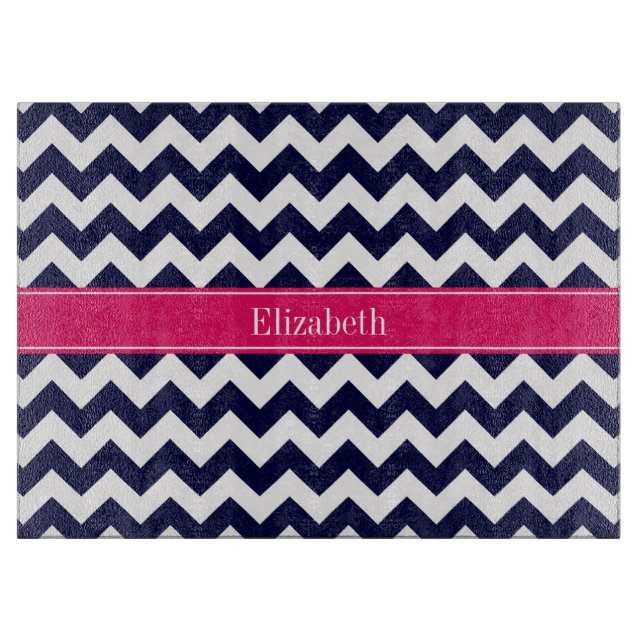 Navy Blue White Chevron Raspberry Name Monogram Cutting Board (Front)