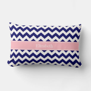 Navy Blue White Chevron Zig Zag Pink Name Monogram Lumbar Pillow