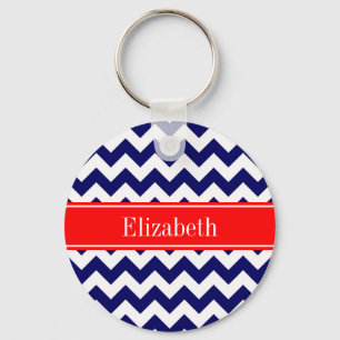 Navy Blue White Chevron Zig Zag Red Name Monogram Keychain