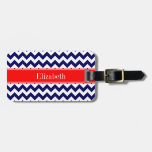 Navy Blue White Chevron Zig Zag Red Name Monogram Luggage Tag
