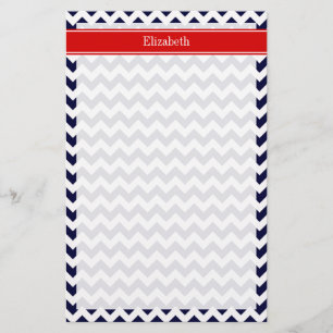 Navy Blue White Chevron Zig Zag Red Name Monogram Stationery