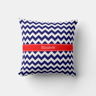 Navy Blue White Chevron Zig Zag Red Name Monogram Throw Pillow
