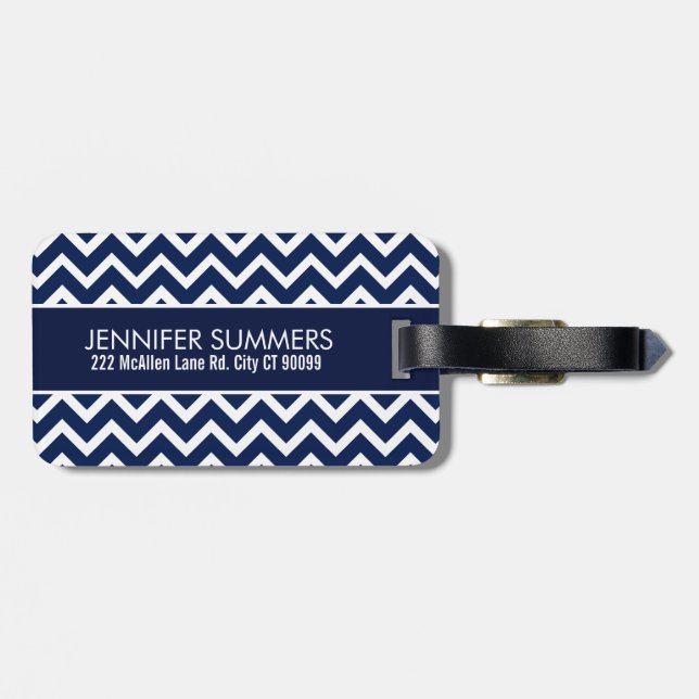 Navy Blue & White Chevron Zigzag Pattern Luggage Tag (Back Horizontal)