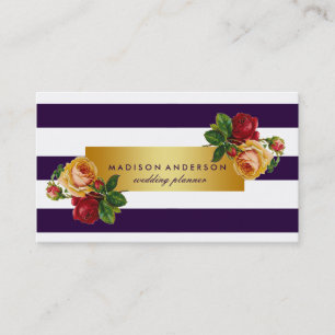 Navy Blue & White Chic Stripes Gold Vintage Floral Business Card