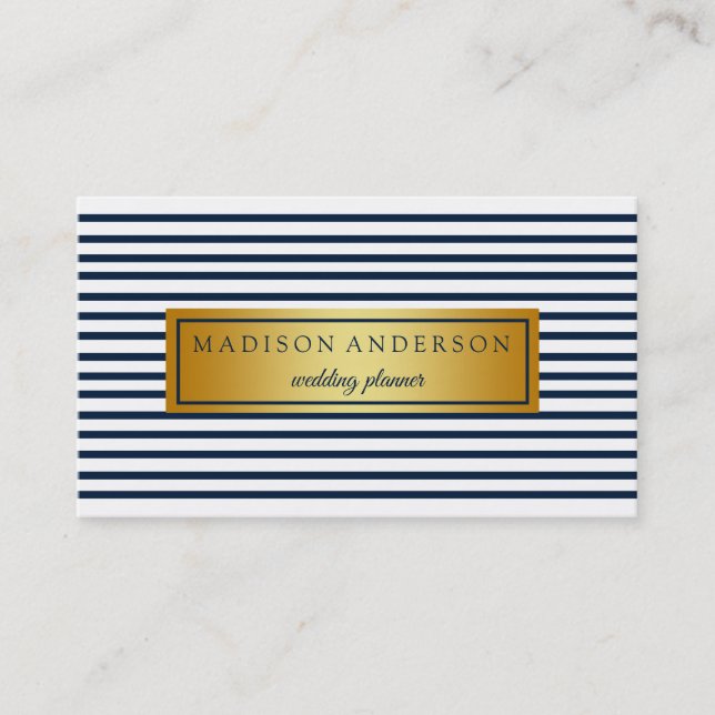 Navy Blue & White Chic Stripes in Gold Business Ca Business Card (Front)