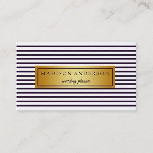 Navy Blue & White Chic Stripes in Gold Business Ca Business Card