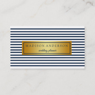 Navy Blue & White Chic Stripes in Gold Business Ca Card