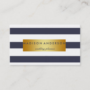 Navy Blue & White Chic Stripes in Gold Business Card