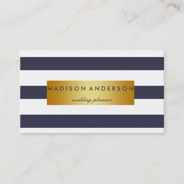 Navy Blue & White Chic Stripes in Gold Business Card (Front)