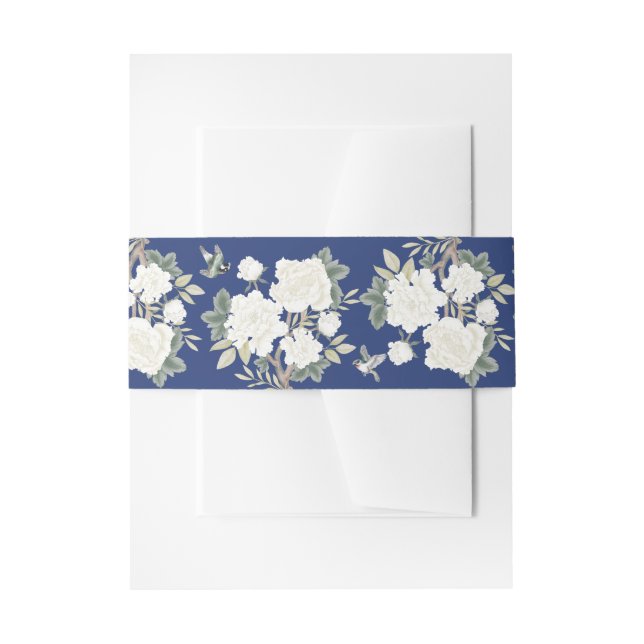 Navy Blue White Chinoiserie Floral Wedding Invitation Belly Band (Front Example)