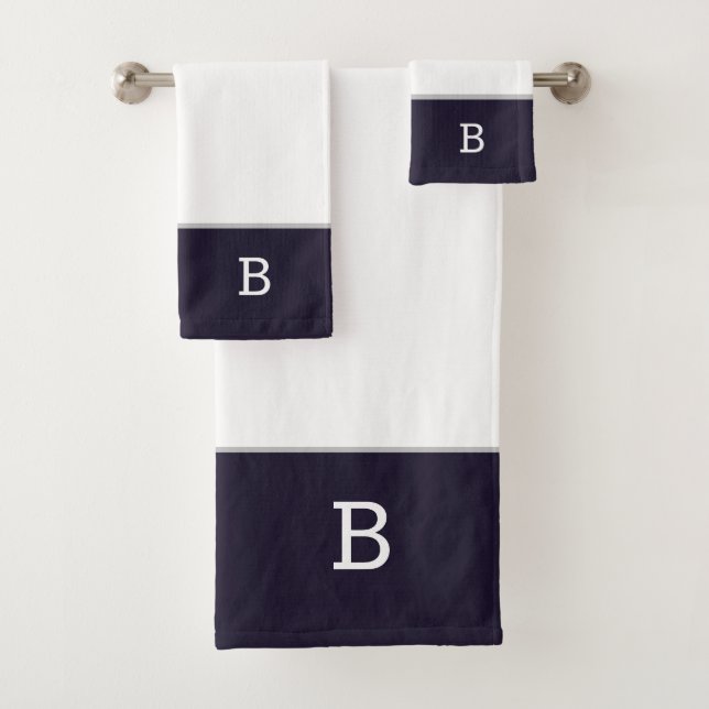 Navy Blue White Classic Monogram Bath Towel Set (Insitu)