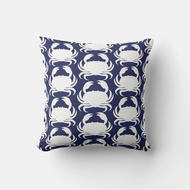 Navy Blue White Crab Pattern Nautical Boat Pool Throw Pillow (Front)