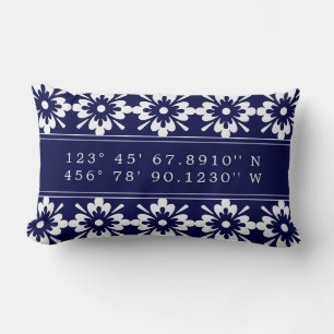 Navy Blue & White   Custom Map Coordinates Lumbar Pillow