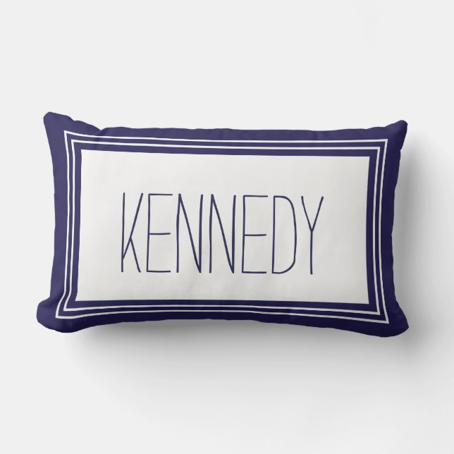 Navy Blue White Custom Monogram Name Keepsake Lumbar Pillow (Front)