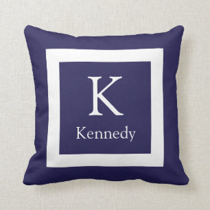 Navy Blue White Custom Monogram Name Throw Pillow