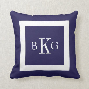 Navy Blue White Custom Monogram Throw Pillow