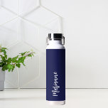 Navy blue white custom name script water bottle<br><div class="desc">Navy blue background.  Personalize and add your name.   White coloured handwritten style script.</div>