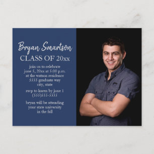 Navy Blue White Custom Photo Graduation Party Postcard
