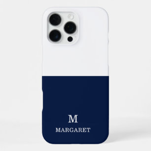 navy blue & white customized name initial iPhone 16 pro max case