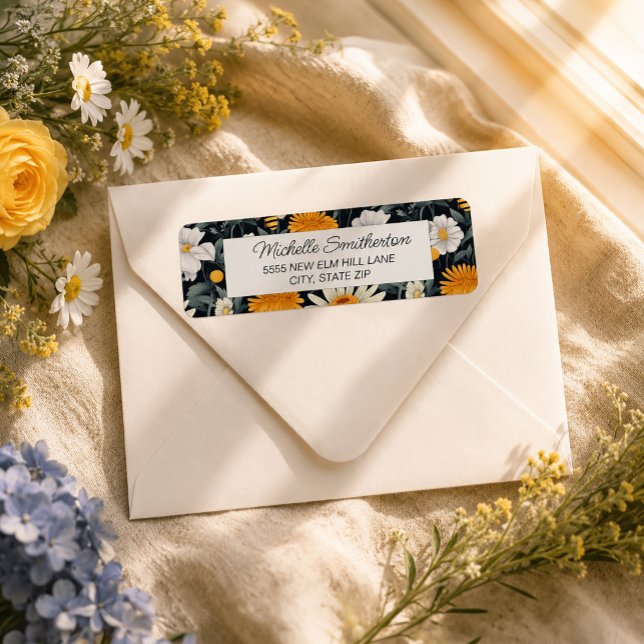 Navy Blue White Daisies  (Dandelions and daisies on navy blue address label)