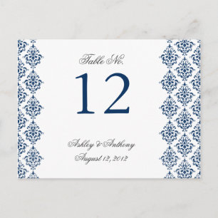 Navy Blue White Damask Arabesque Table Number Card