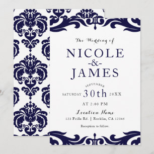 Navy Blue & White Damask Chic Elegant Wedding Invitation