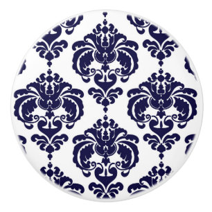 Navy Blue & White Damask Elegant Bedroom Dresser Ceramic Knob