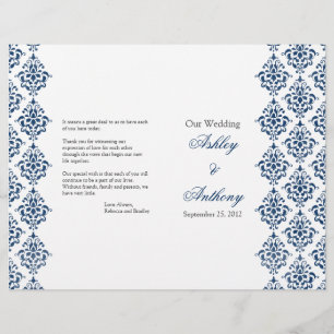 Navy Blue White Damask Foldable Wedding Program